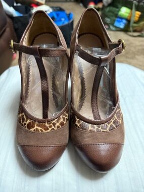 Fossil Brown T-Strap Heels with Animal-Print Accent